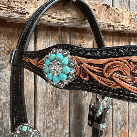 Two Tone Floral Tripping Turquoise & Clear One Ear / Browband Breastcollar Tack Set