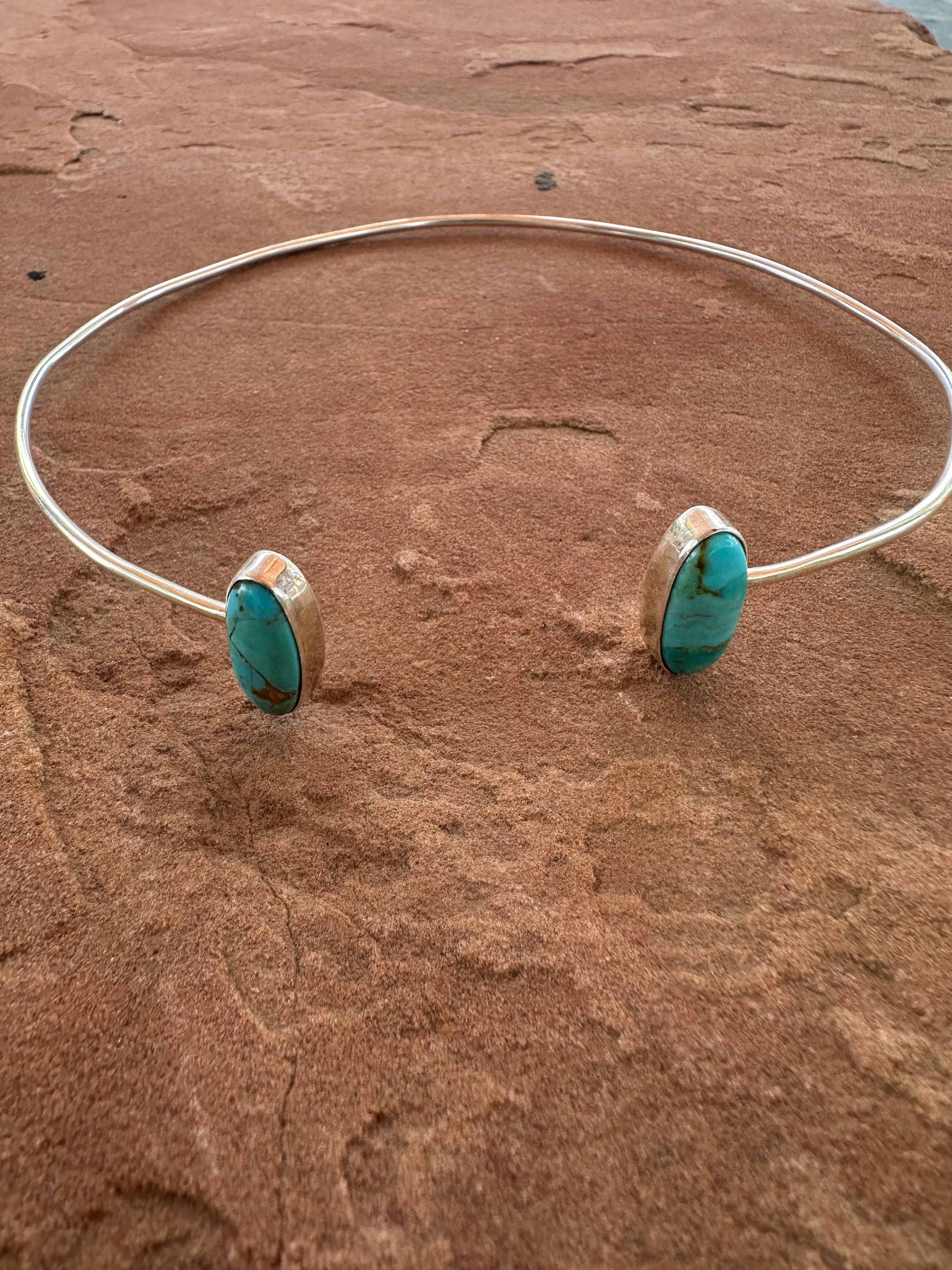 Handmade Sterling Silver & Double Stone Turquoise Choker Necklace