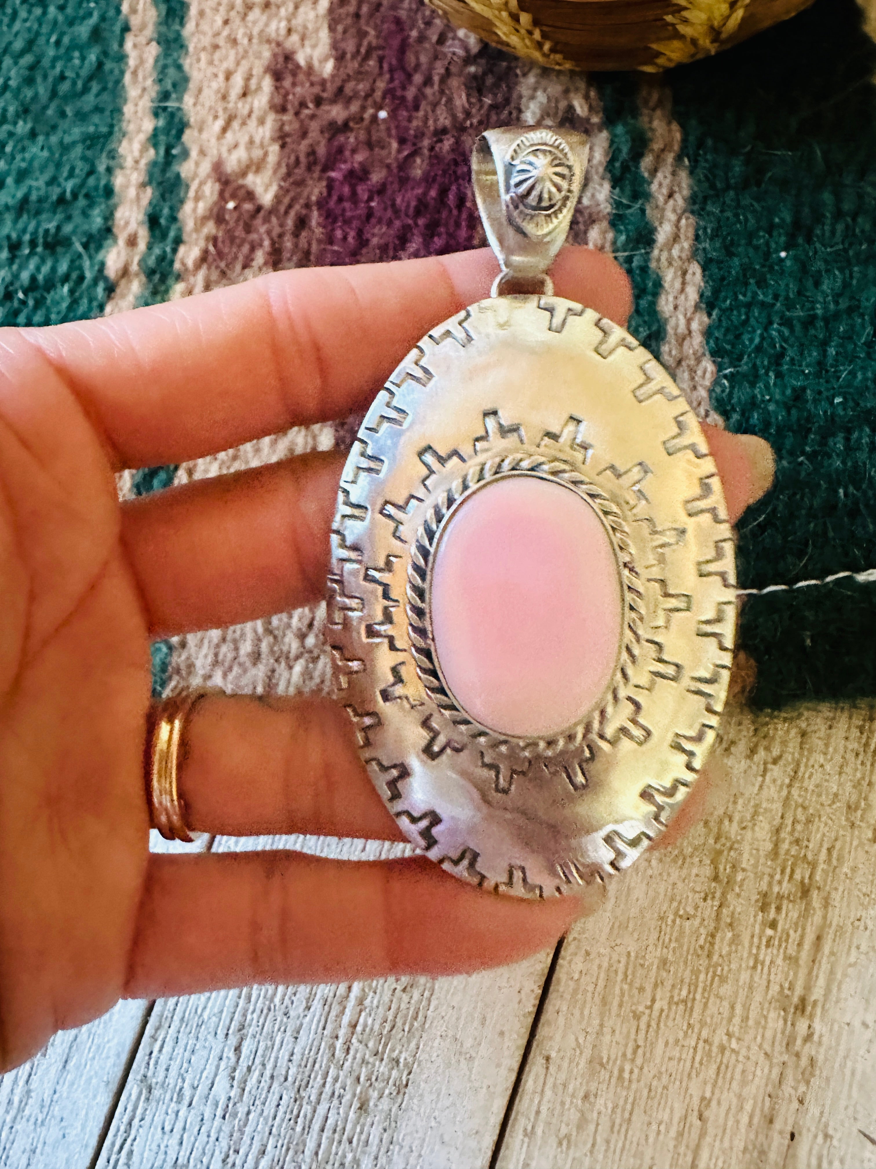 Navajo Queen Pink Conch Shell & Sterling Silver Concho Pendant