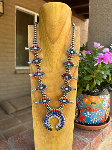 4th Of July Collection Handmade Sterling Silver, Lapis, Coral & Motherof Pearl Squash Blossom Necklace