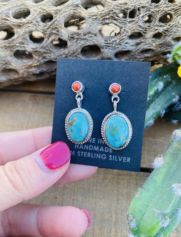 Navajo Turquoise, Coral & Sterling Silver Dangle Earrings