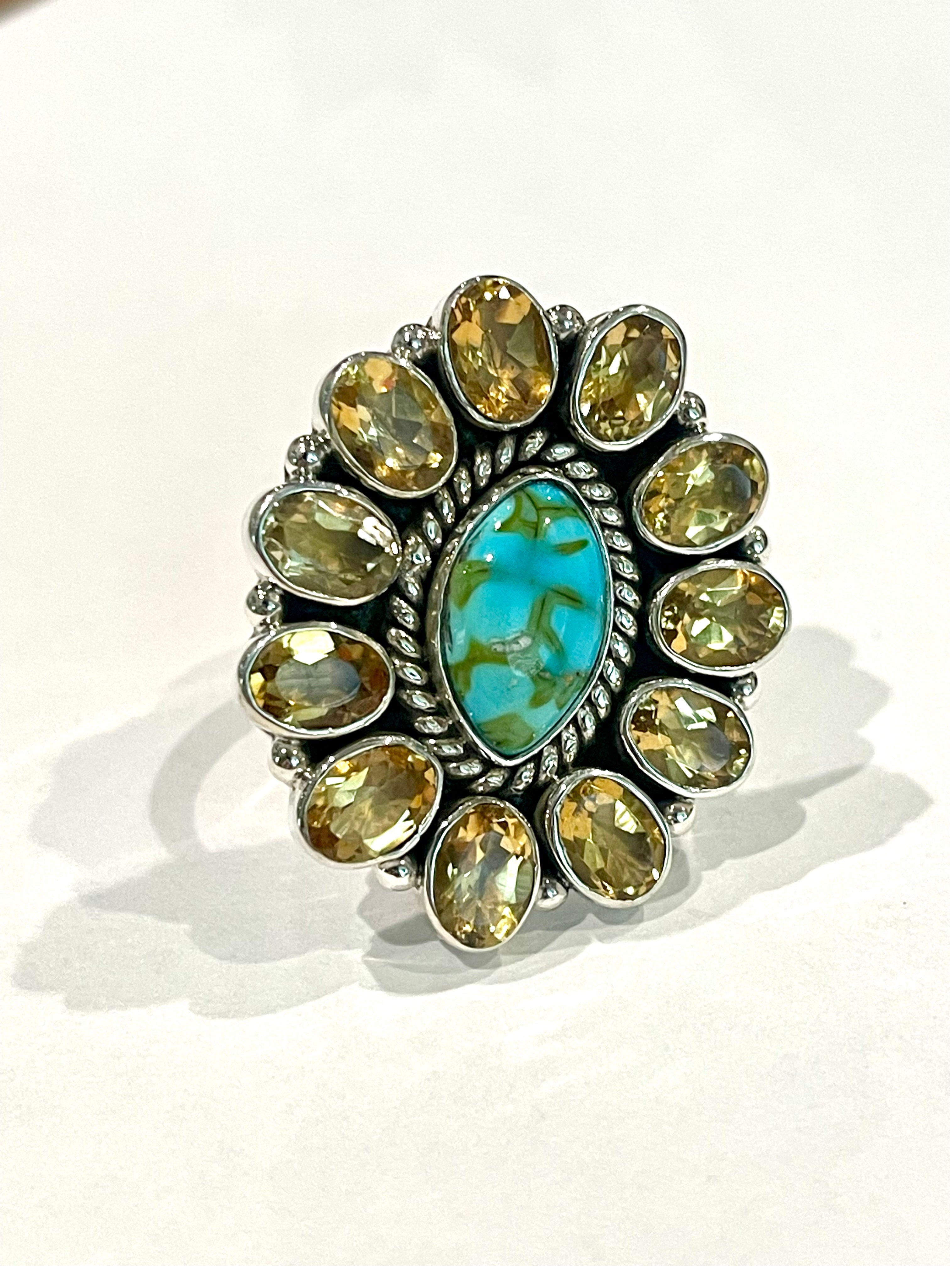 Beautiful Handmade Multi Stone , Sonoran Turquoise And Sterling Silver Adjustable Ring