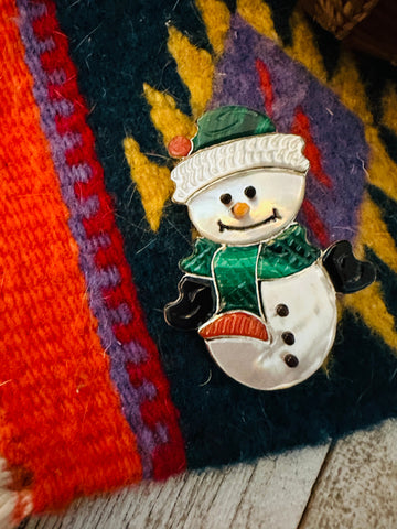 Zuni Multi Stone & Sterling Silver Inlay Snowman Brooch/ Pendant