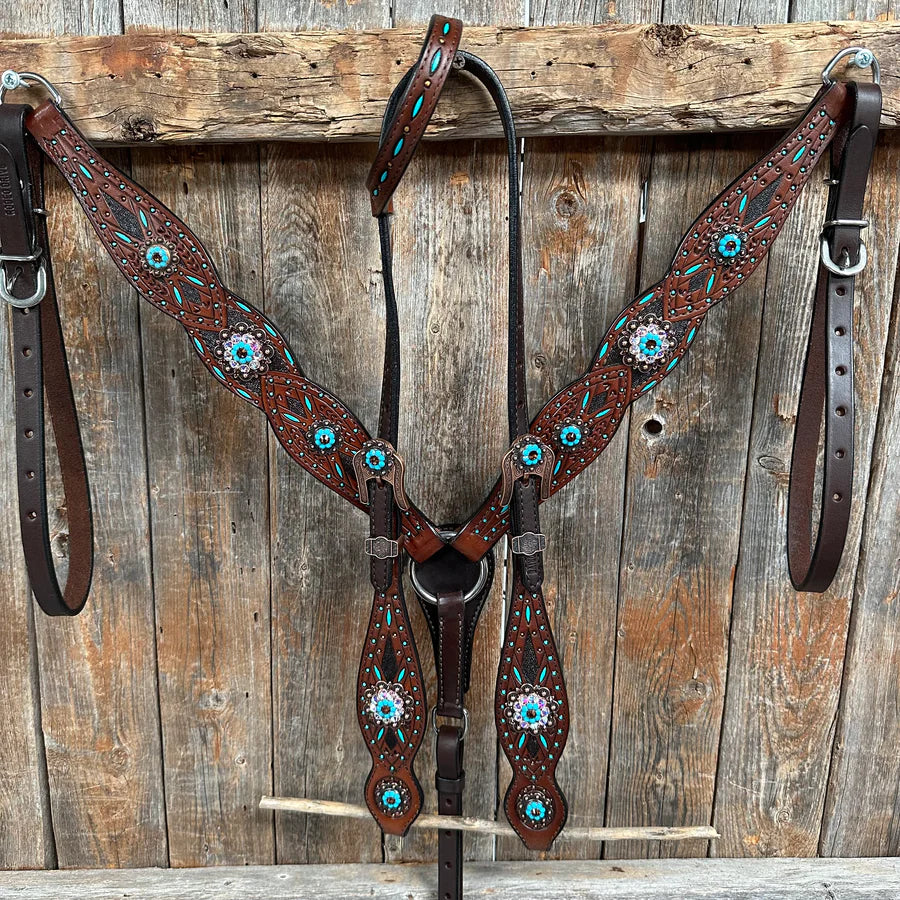 Dark Oil Hand Painted Antique Silver Turquoise One Ear and Breastcollar Tack Set