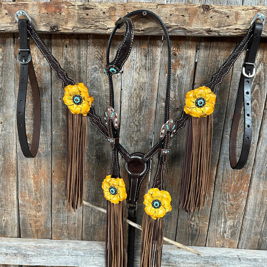 Dark Oil Floral Topaz and Turquoise One Ear/ Breastcollar Tack Set