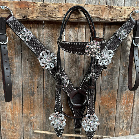 Dark Oil Silver Dot Flowers and Skulls Browband / One Ear Tack Set