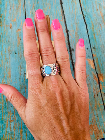 Navajo Thunderbird Sterling Silver & Blue Opal Ring Size 8