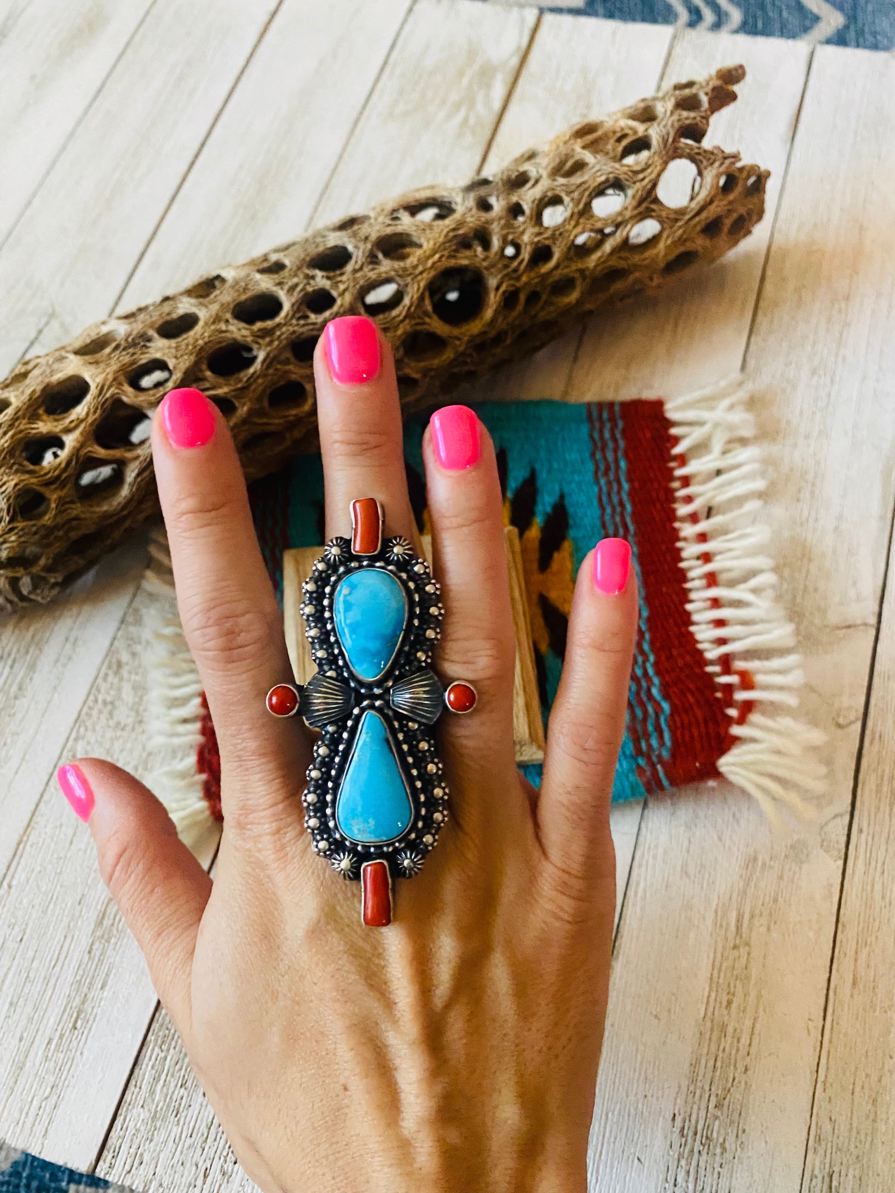 Navajo Sterling Kingman Turquoise & Red Coral Ring Size 9 By Shawn Cayatineto