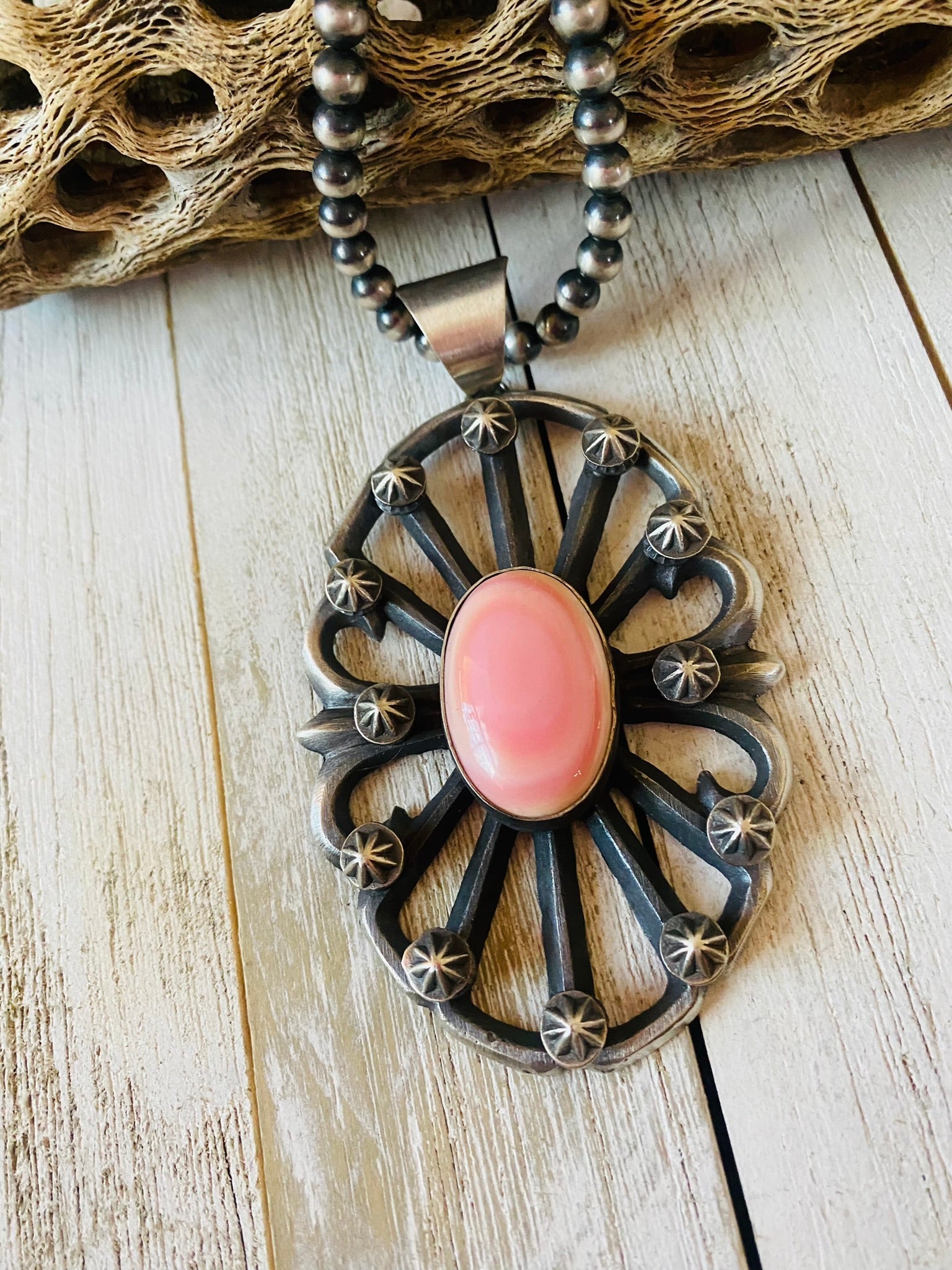 Navajo Queen Pink Conch Shell & Sterling Silver Statement Pendant By Chimney Butte