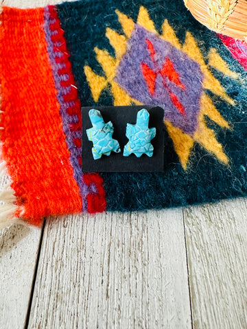 Zuni Hand Carved Turquoise Fetish Turtle Stud Earrings