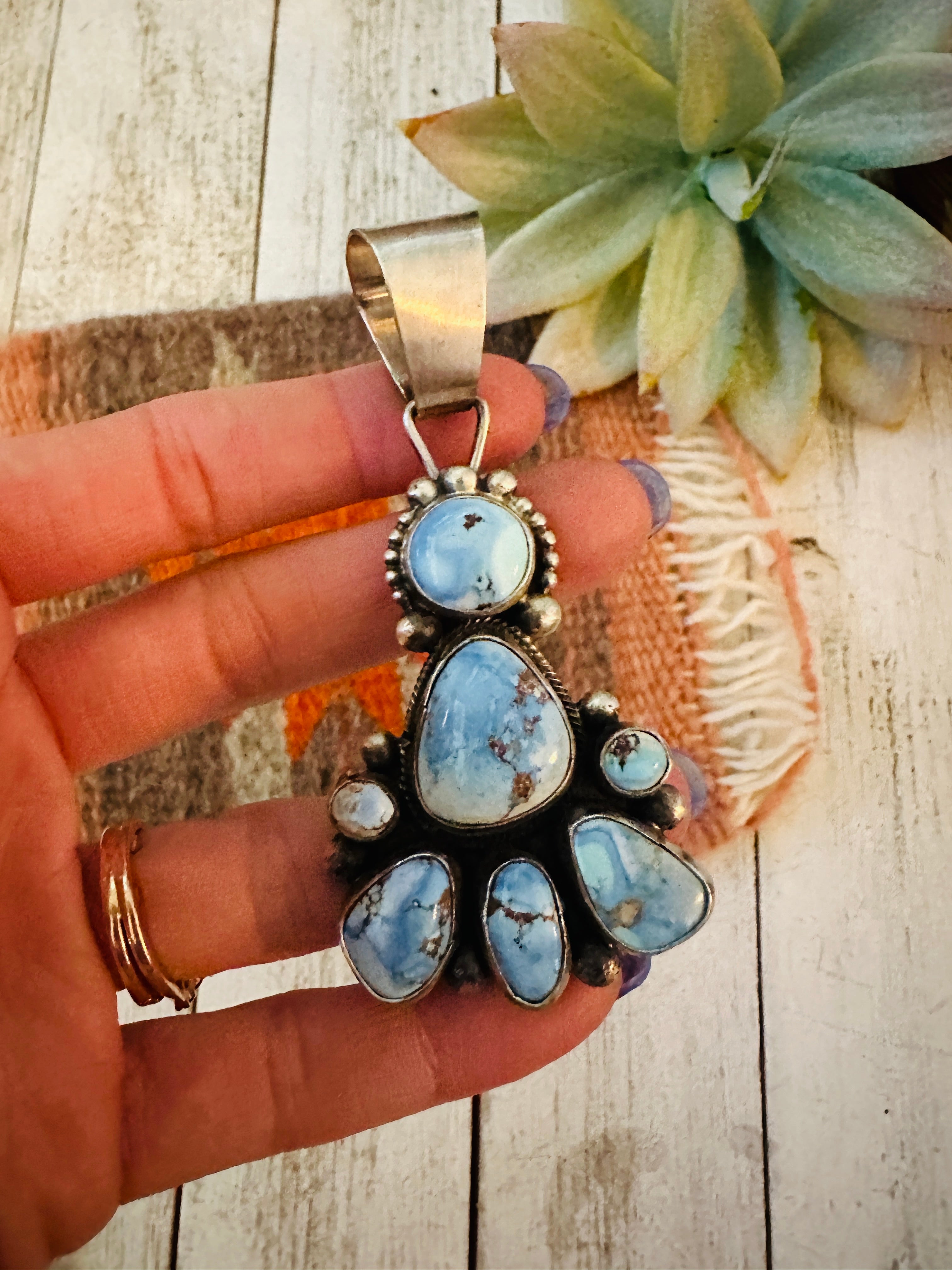 Navajo Golden Hills Turquoise & Sterling Silver Cluster Pendant