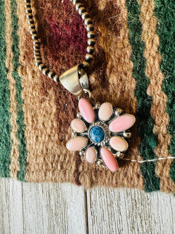 Navajo Queen Pink Conch, Lapis & Sterling Silver Cluster Pendant