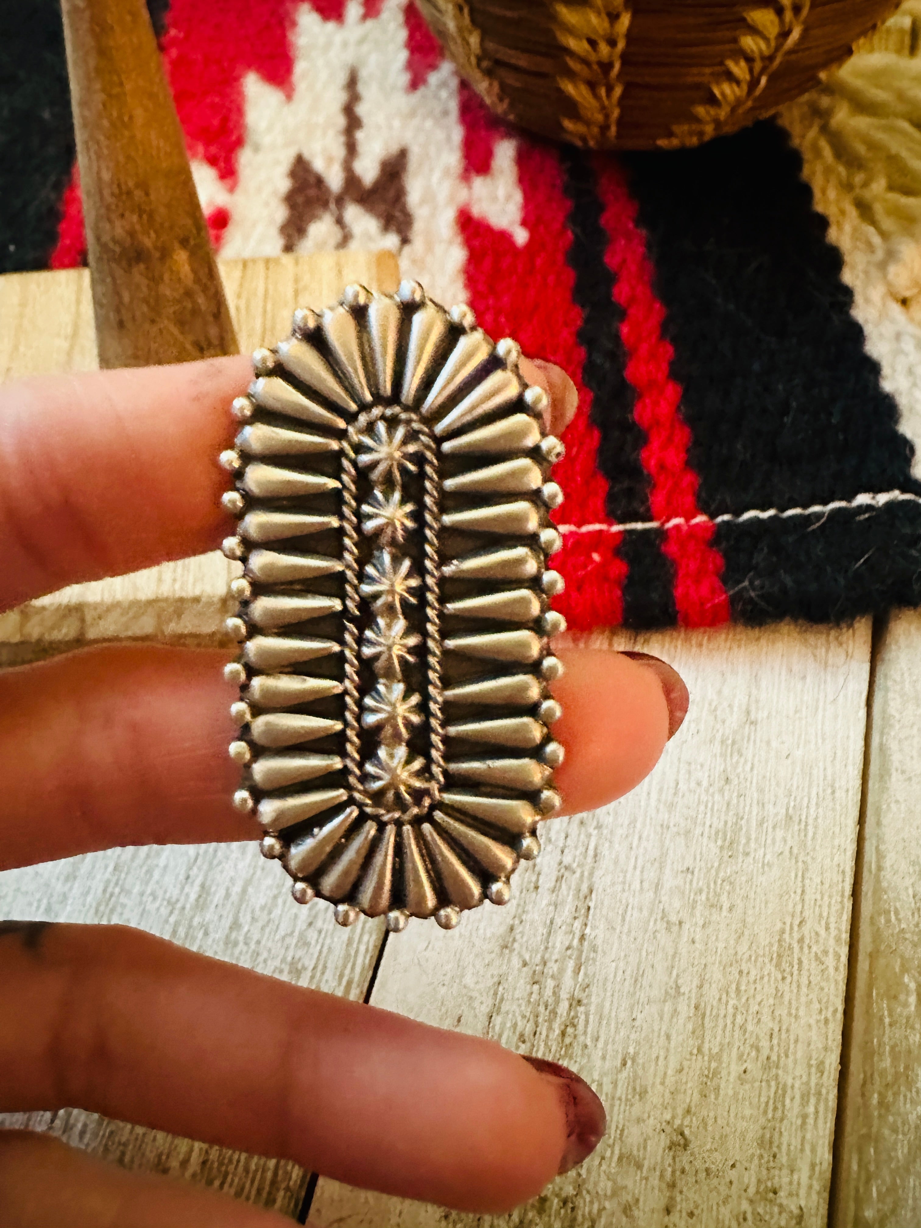 Navajo Hand Stamped Sterling Silver Adjustable Concho Ring