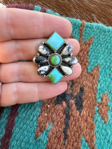 Handmade White Buffalo, Sonoran Mountain Turquoise & Sterling Silver Adjustable Ring Signed Nizhoni