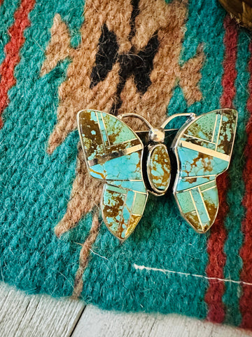 Navajo Number 8 Turquoise & Sterling Silver Butterfly Brooch / Pendant