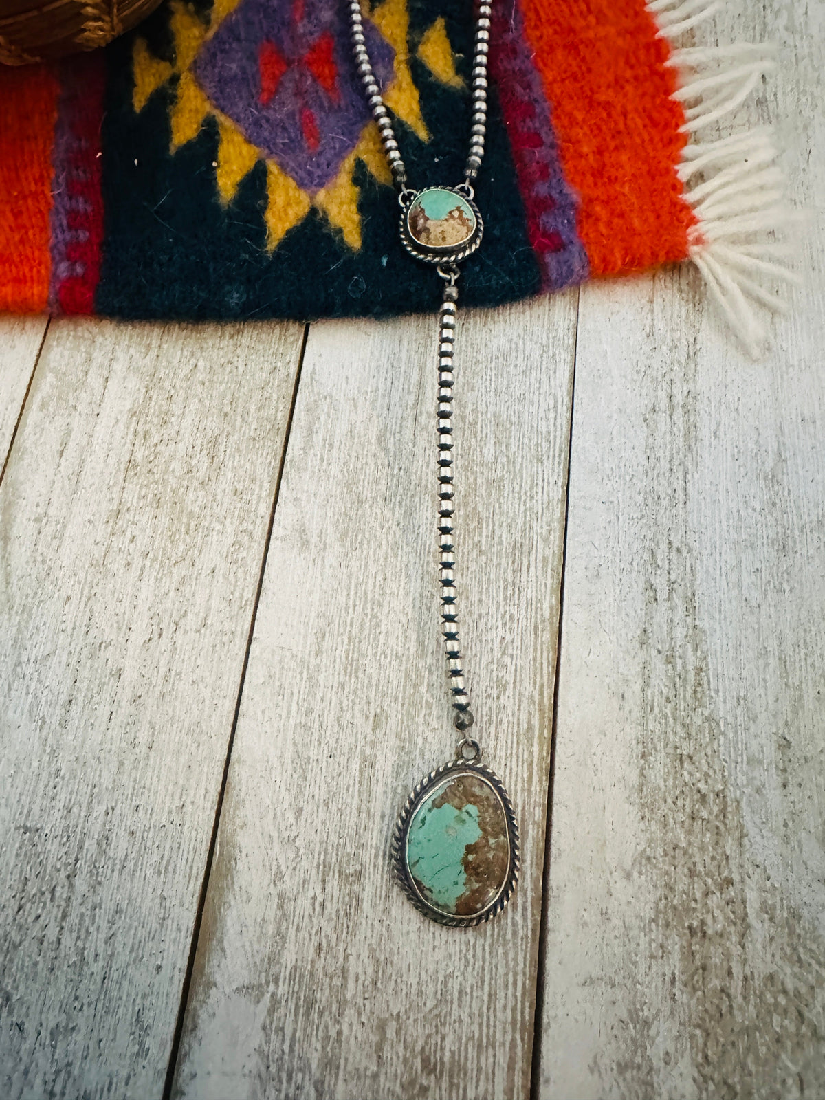 Navajo Turquoise & Sterling Silver Beaded Lariat Necklace