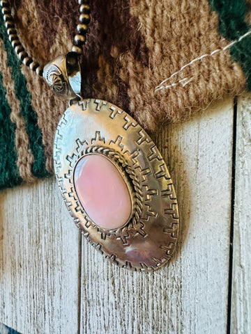 Navajo Queen Pink Conch Shell & Sterling Silver Concho Pendant