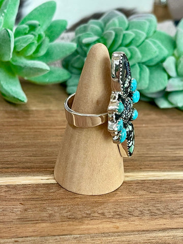 Beautiful Handmade New Lander Turquoise, Turquoise And Sterling Silver Adjustable Ring