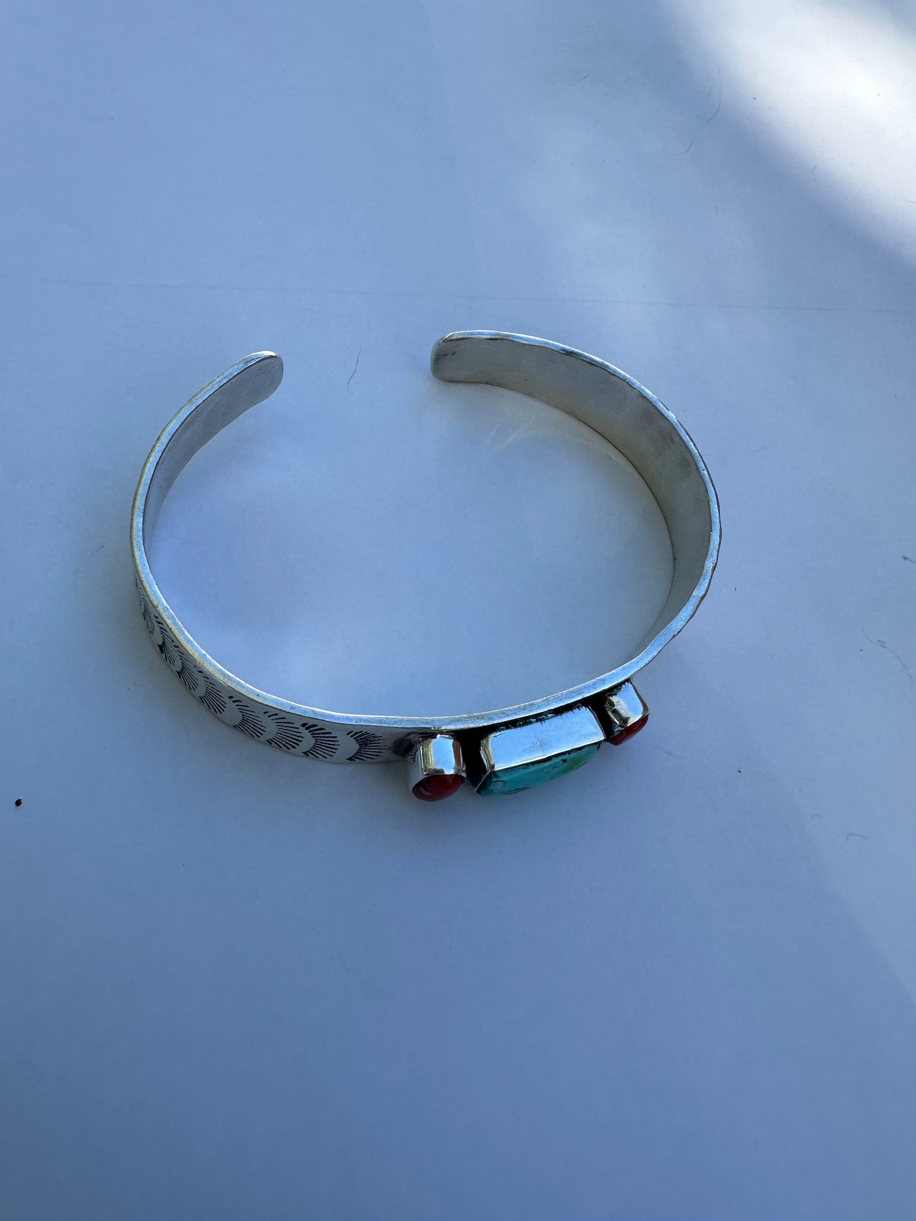 Handmade Sterling Silver, Coral & Sonoran Mountain Turquoise Cuff Bracelet Signed Nizhoni style 1