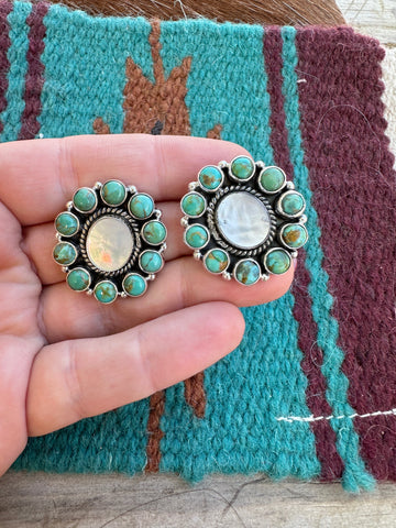 Handmade Turquoise, Mother of Pearl and Sterling Silver Post Earrings