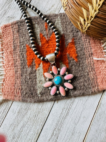 Navajo Queen Pink Conch, Turquoise & Sterling Silver Cluster Pendant