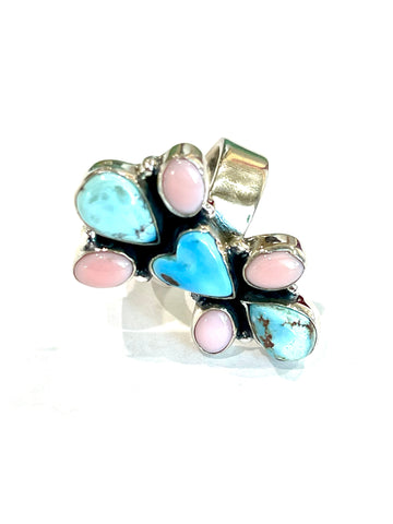 Beautiful Handmade Golden Hills Turquoise, Pink Conch And Sterling Silver Adjustable Ring