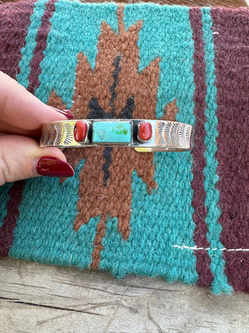 Handmade Sterling Silver, Coral & Sonoran Mountain Turquoise Cuff Bracelet Signed Nizhoni style 1