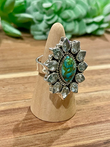 Beautiful Handmade Sonoran Mountain Turquoise , Cubic Zirconia And Sterling Silver Adjustable Ring