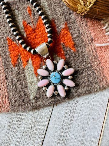 Navajo Queen Pink Conch, Turquoise & Sterling Silver Cluster Pendant