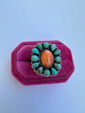 Beautiful Sterling Silver, Turquoise & Orange Spiny Adjustable Ring