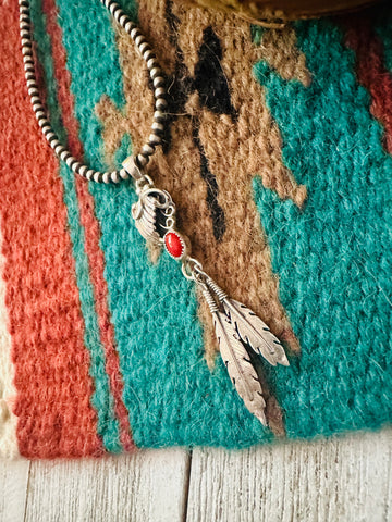 Navajo Coral & Sterling Silver Feather Pendant