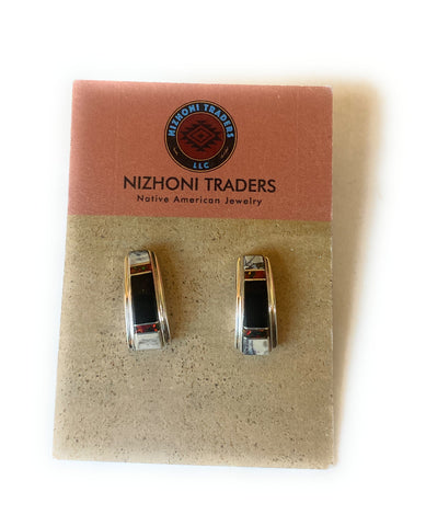 Navajo Multi Stone & Sterling Silver Inlay Dangle Earrings Signed