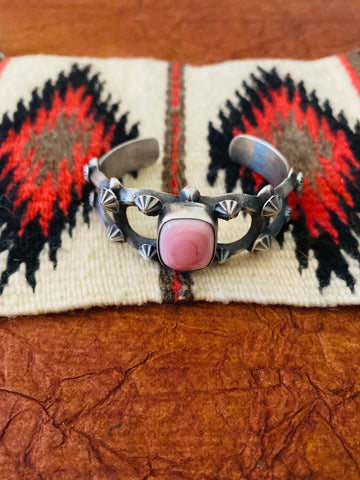 Navajo Queen Pink Conch Shell & Sterling Silver Cuff Bracelet By Chimney Butte