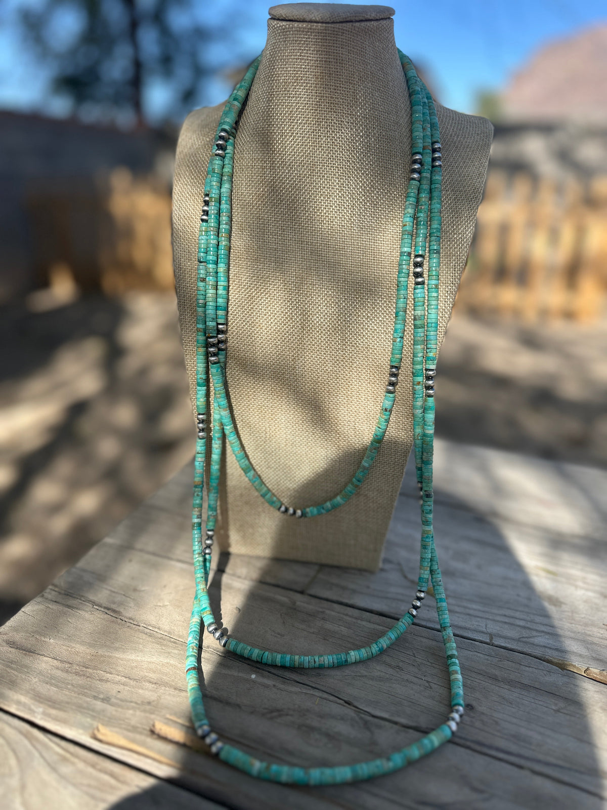 Handmade Sterling Silver & Turquoise Beaded Necklace 42”