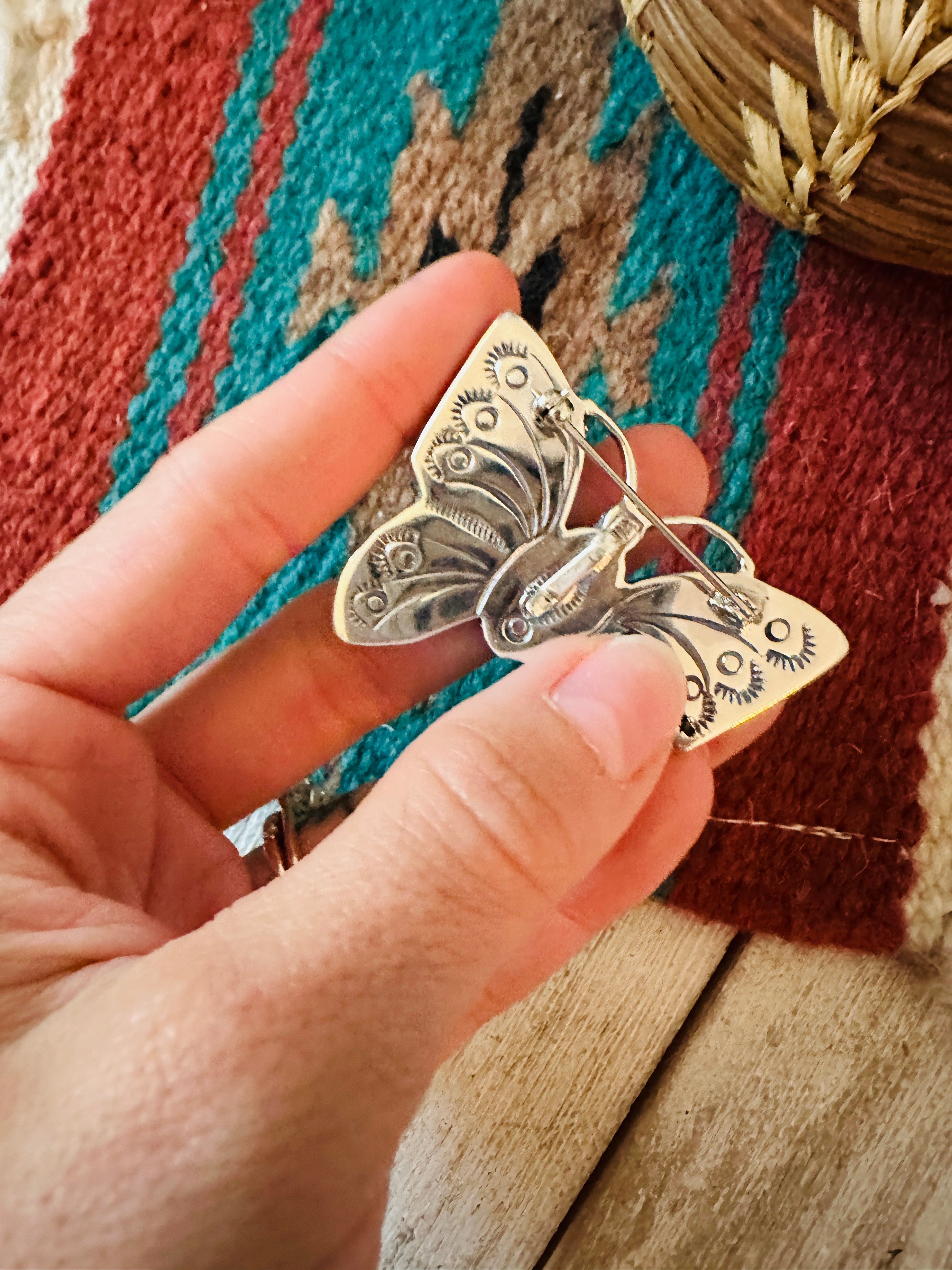 Navajo Number 8 Turquoise & Sterling Silver Butterfly Brooch / Pendant