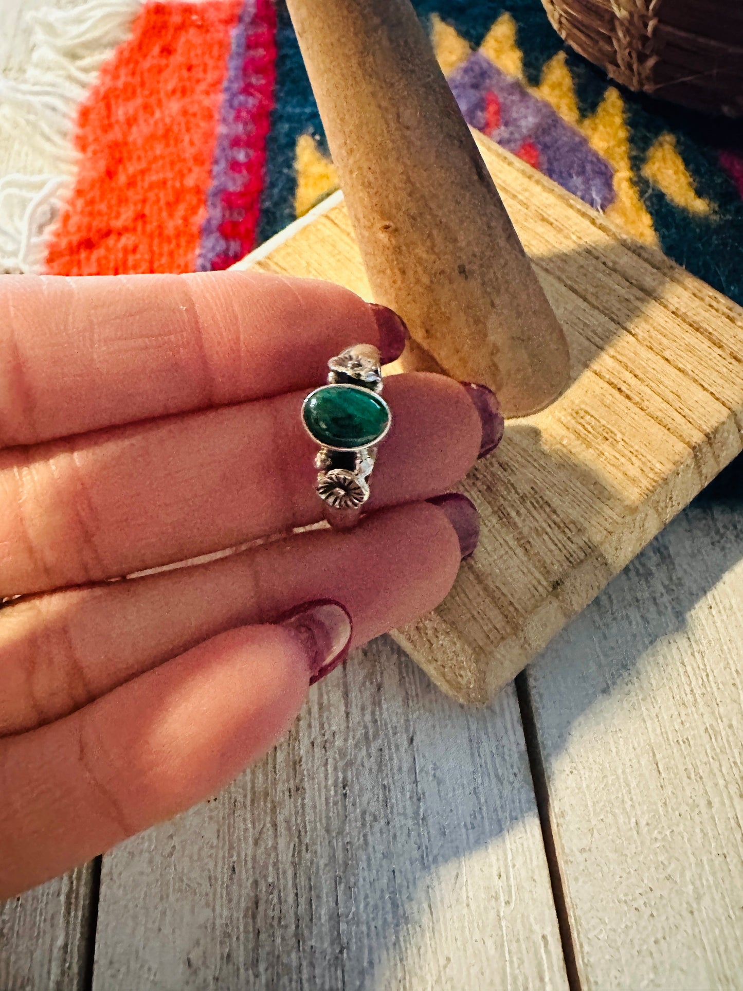 Navajo Malachite & Sterling Silver Ring Size 6.5 Signed
