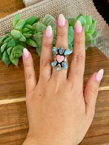 Beautiful Handmade Golden Hills Turquoise, Pink Conch And Sterling Silver Adjustable Ring