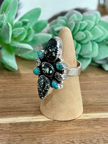 Beautiful Handmade New Lander Turquoise, Multi Stone And Sterling Silver Adjustable Ring