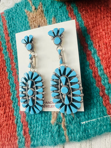 Zuni Sterling Silver & Turquoise Cluster Dangle Earrings