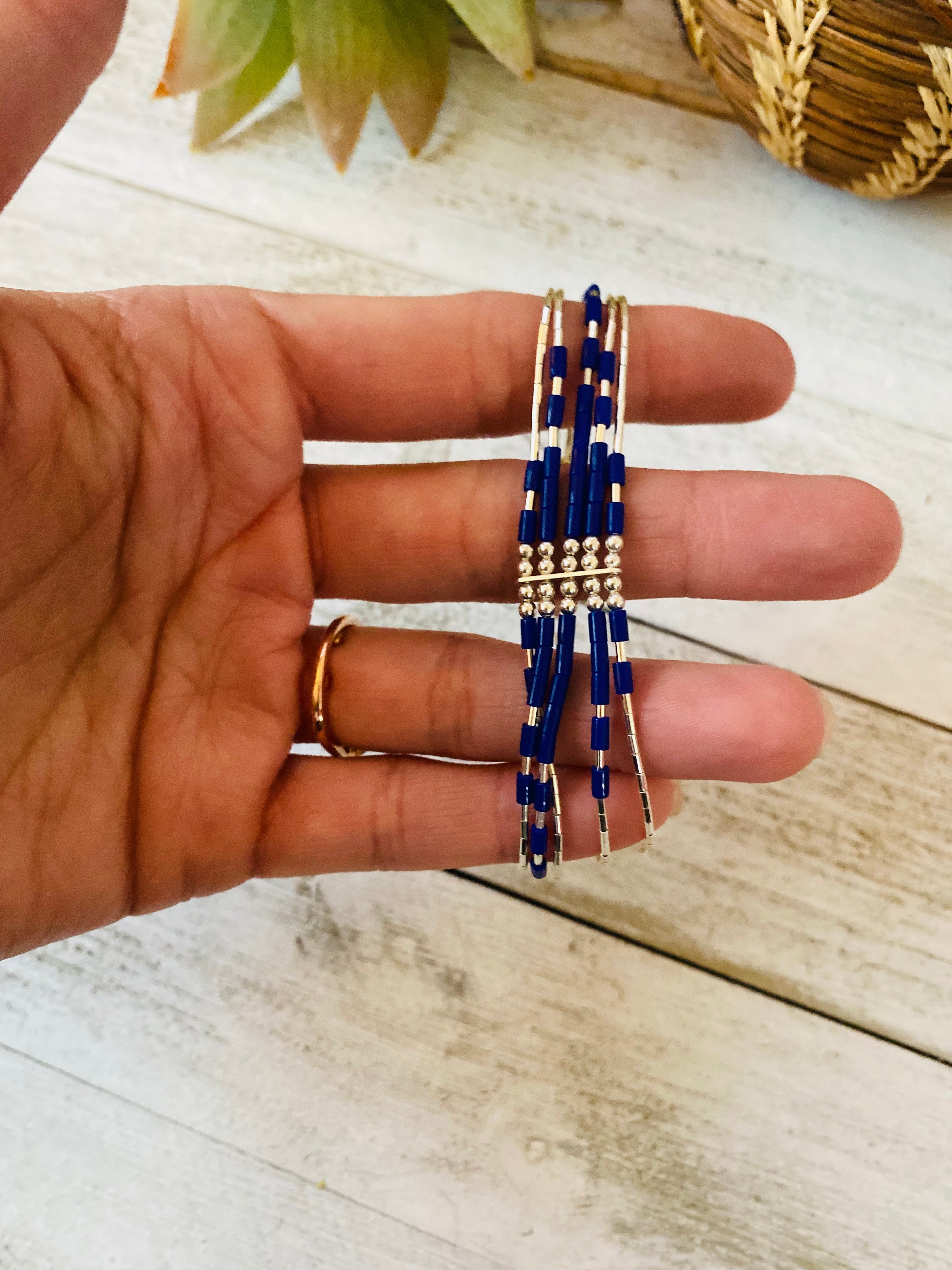 Navajo Lapis & Sterling Liquid Silver Beaded Bracelet