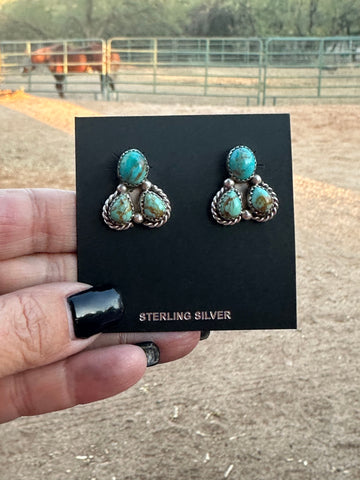 Navajo Kingman Turquoise  Sterling Silver Stud Earrings Signed Maxine Rameriz