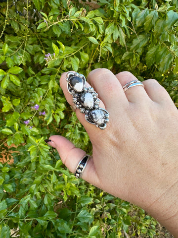 3 Stone Beautiful Handmade White Buffalo And Sterling Silver Adjustable Ring