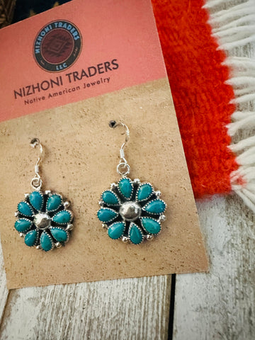 Navajo Sterling Silver & Turquoise Cluster Dangle Earrings