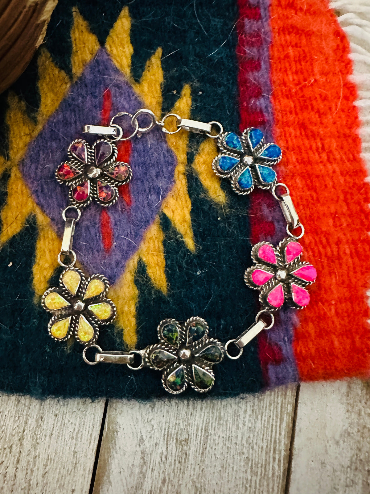 Zuni Multicolor Opal & Sterling Silver Flower Link Bracelet