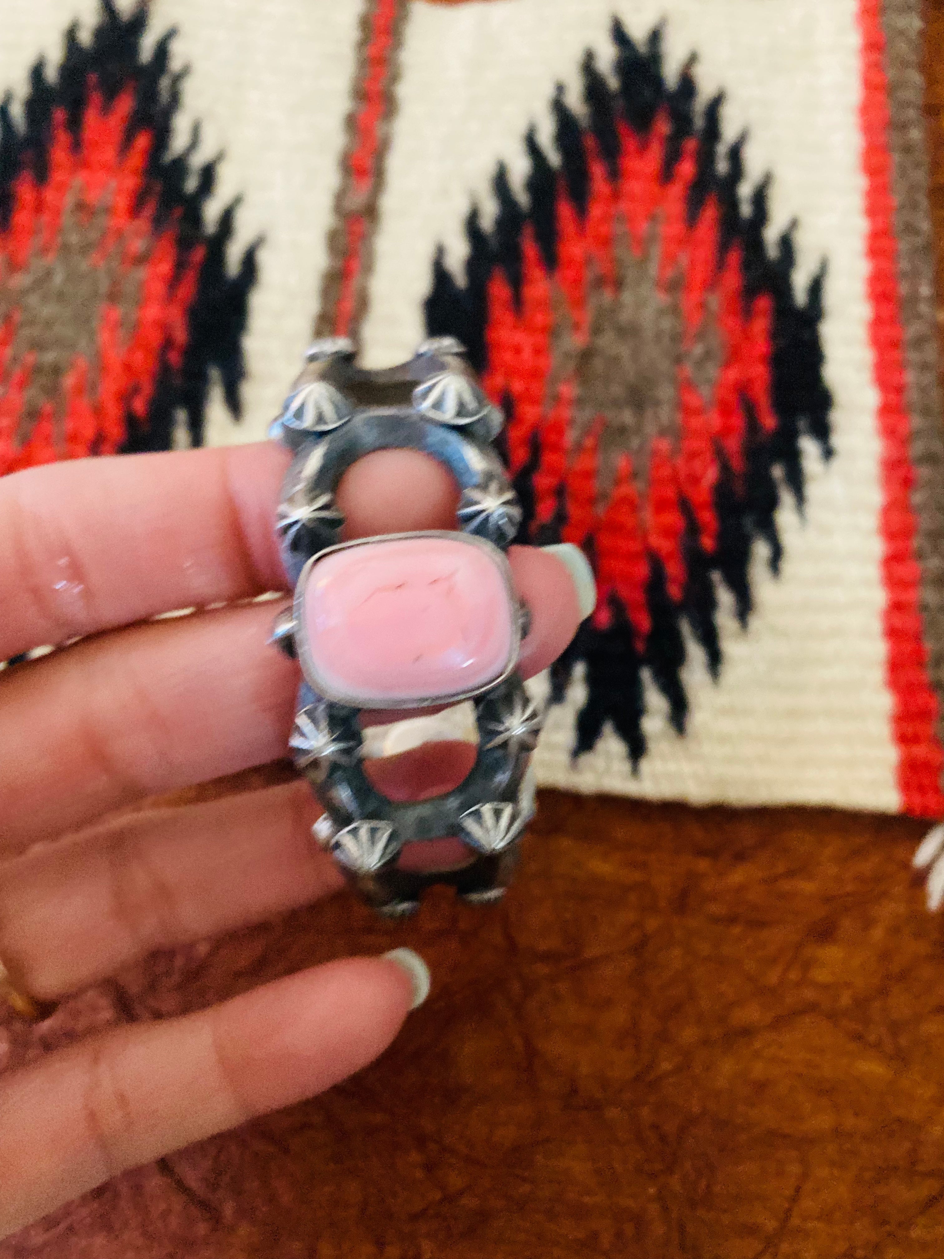 Navajo Queen Pink Conch Shell & Sterling Silver Cuff Bracelet By Chimney Butte