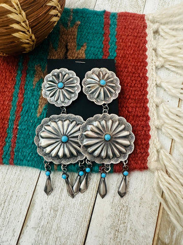 Navajo Sterling Silver & Turquoise Concho Dangle Earrings