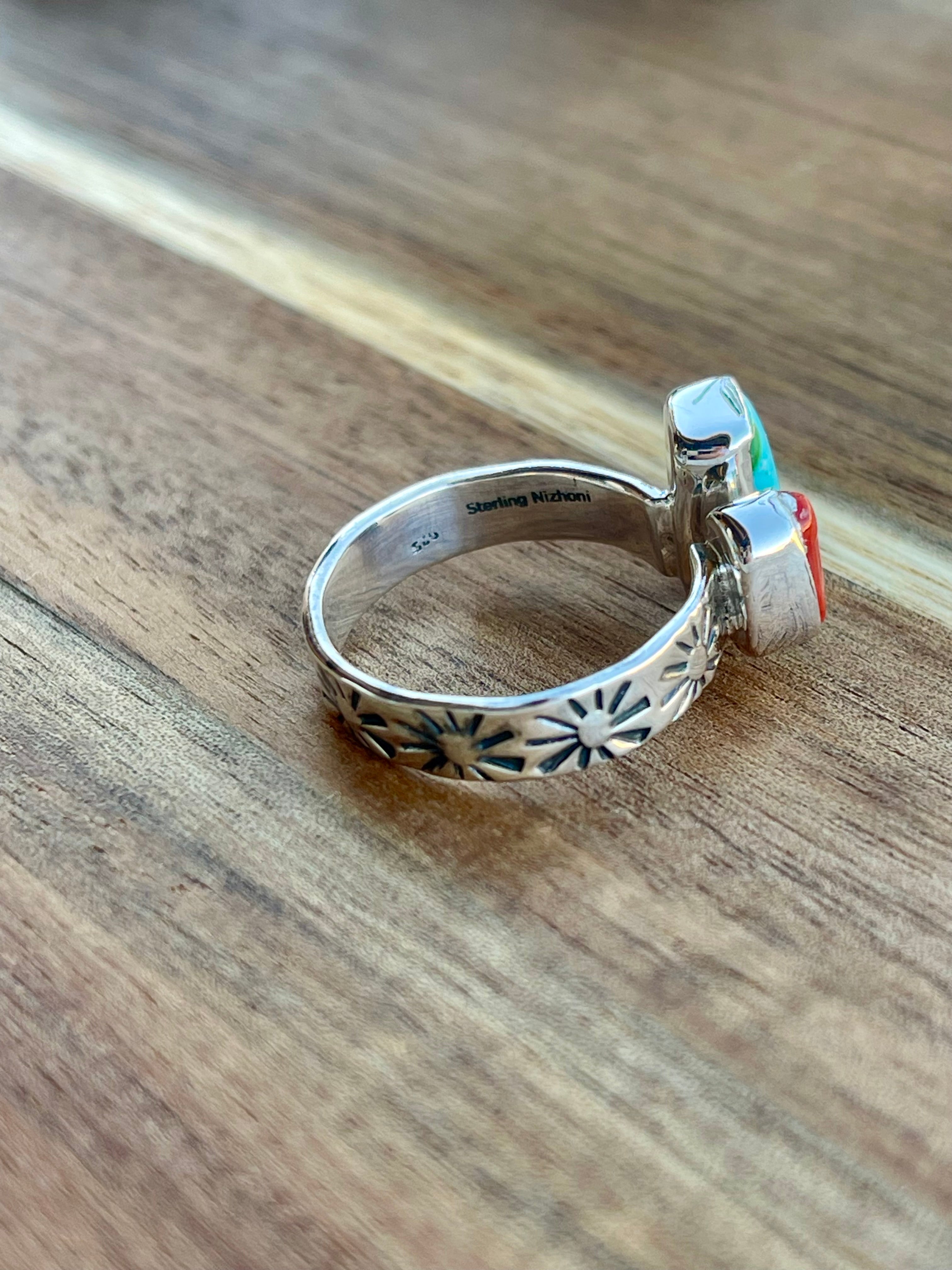 Beautiful Handmade Turquoise, Coral And Sterling Silver Adjustable Ring