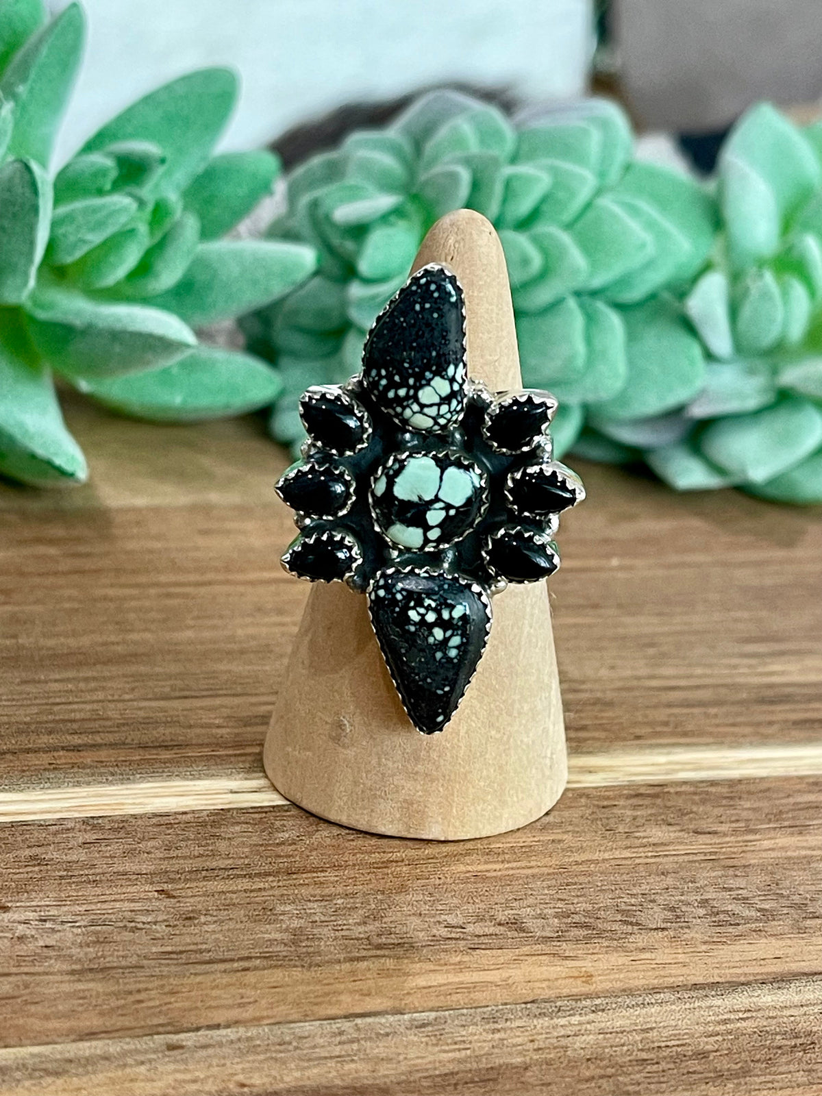 Beautiful Handmade New Lander Turquoise, Onyx And Sterling Silver Adjustable Ring