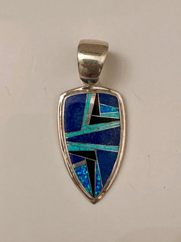 Navajo Lapis, Turquoise, Blue Opal Shield Pendant 2.5”