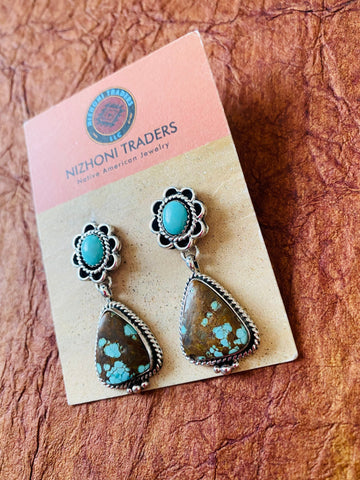 Navajo Number 8 Turquoise & Sterling Silver Flower Dangle Earrings